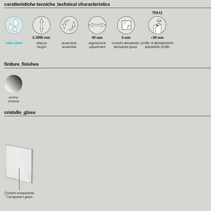 Scheda caratteristiche tecniche porta doccia saloon 6mm Colacril: altezza 2000mm, cristallo temperato 6mm, finitura cromo