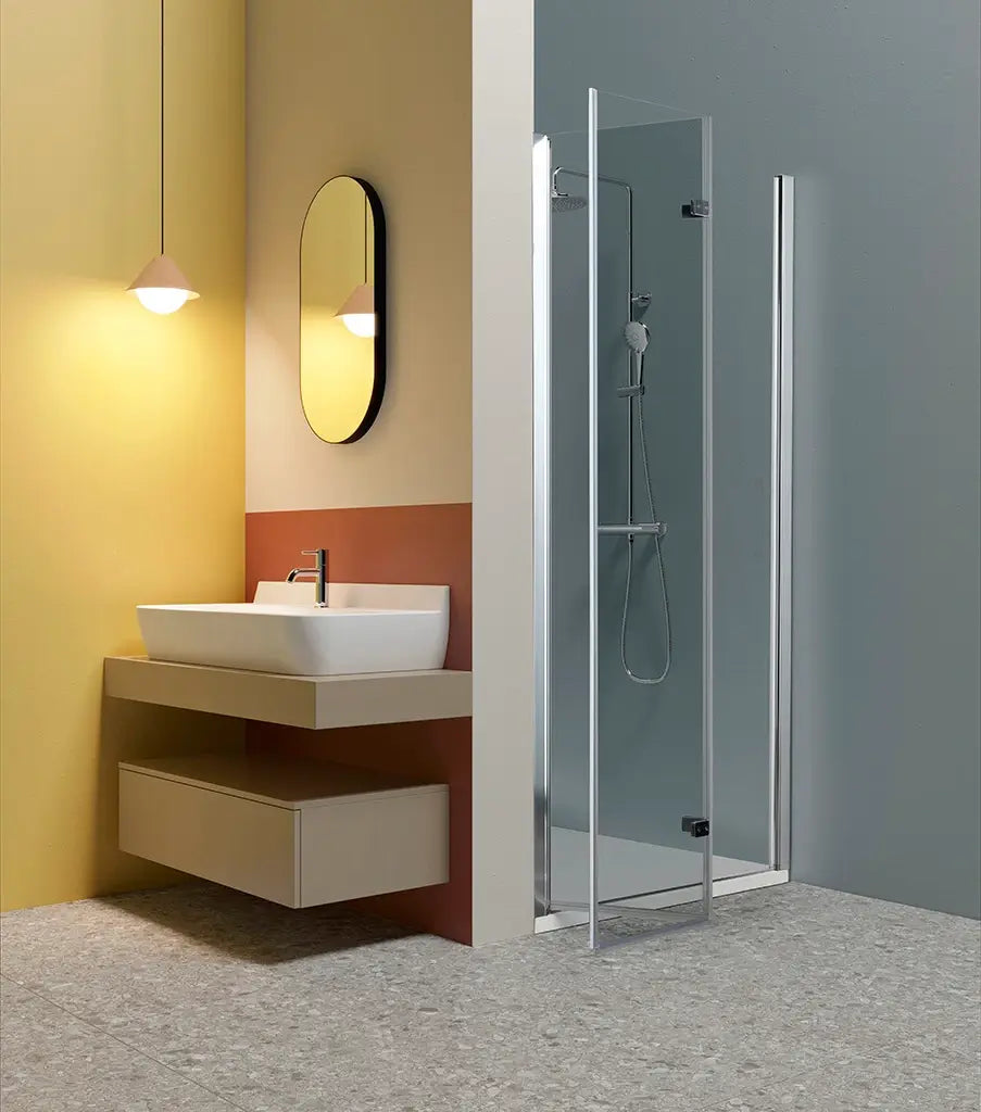 Porta Doccia Anticalcare 6mm A Libro Apertura Interna Esterna - Aperta verso l'esterno