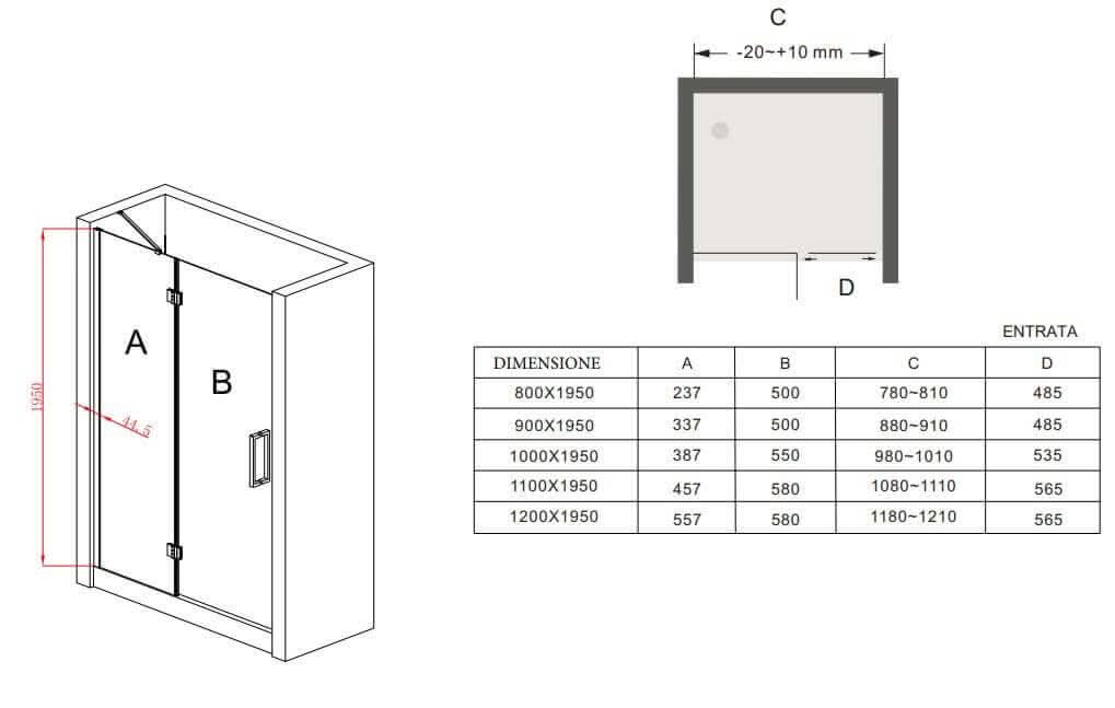 Porta Per Doccia Cristallo Anticalcare Trasparente 8mm Battente