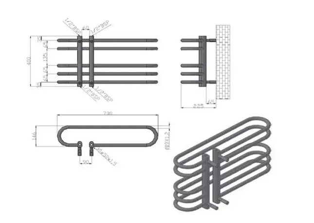 Radiatore Scaldasalviette Nero Opaco Design Moderno - 70x40