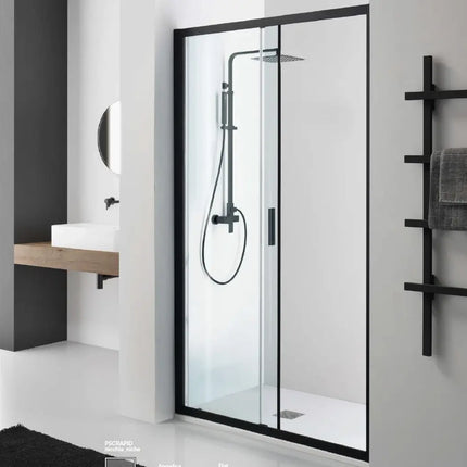 Porta doccia scorrevole RAPID 6mm anticalcare H200cm, profili nero opaco, in bagno moderno industrial con lavabo su mensola in legno