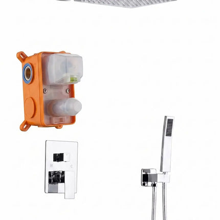 Set doccia a incasso cromato: soffione quadrato 25x25 con braccio a parete, corpo da incasso, placca con miscelatore e doccetta