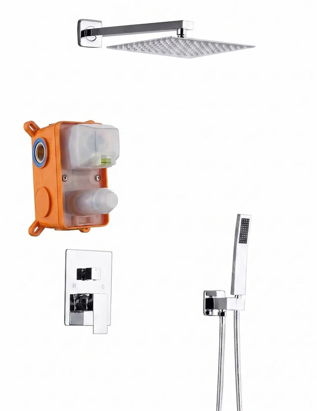Set doccia a incasso cromato: soffione quadrato 25x25 con braccio a parete, corpo da incasso, placca con miscelatore e doccetta