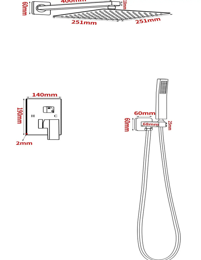 Disegno tecnico del set doccia a incasso: soffione 25,1 x 25,1 cm, braccio 40 cm, placca 14 x 19 cm, supporto doccetta 6 x 6 cm