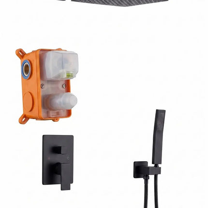 Set doccia a incasso nero opaco: soffione quadrato 25x25 con braccio a parete, corpo da incasso, placca con miscelatore e doccetta