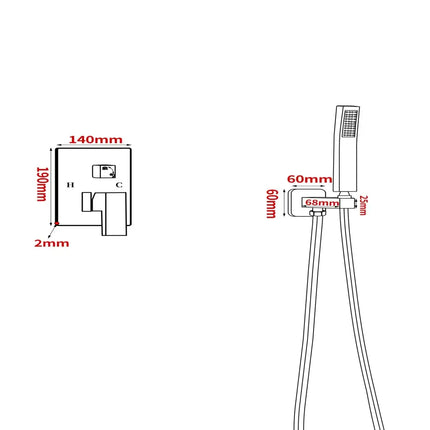 Disegno tecnico del set doccia a incasso nero opaco: soffione 25,1 x 25,1 cm, braccio 40 cm, placca 14 x 19 cm, supporto doccetta 6 x 6 cm