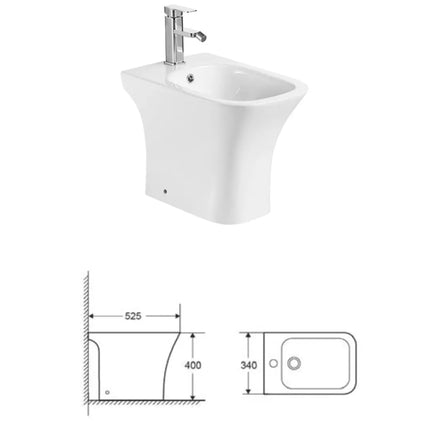 Bidet filo muro monoforo Karag Amfipolis con disegno tecnico e misure: 34 x 52,5 cm, altezza 40 cm