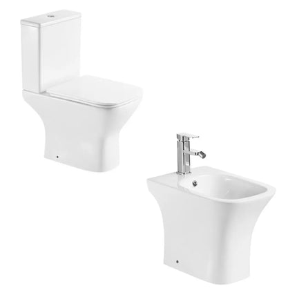 Set sanitari a terra Karag Amfipolis: WC monoblocco senza brida con sedile soft close e bidet filo muro in ceramica bianca