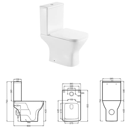 WC monoblocco senza brida Karag Amfipolis con disegno tecnico e misure: 36,5 x 60 cm, altezza 79 cm, scarico a parete