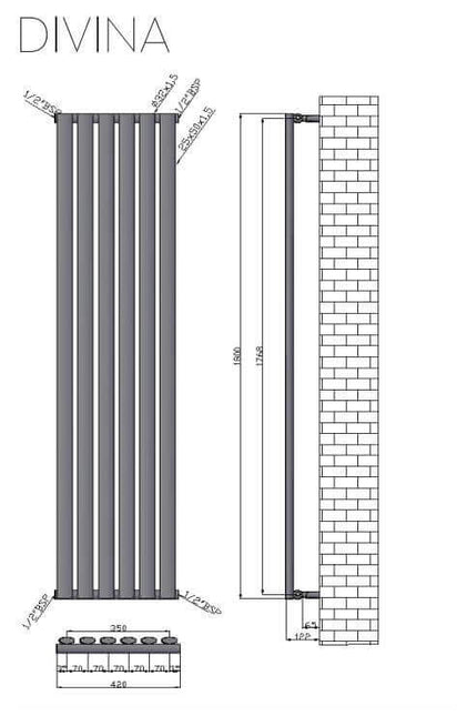 Termoarredo Radiatore Nero Opaco Tubi Verticali Design - 180x42