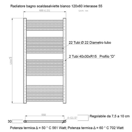 Termoarredo Scaldasalviette Bagno cm 120x60