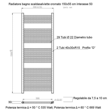 Termoarredo Scaldasalviette Bagno cm 150x55 - Cromato