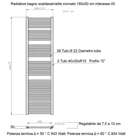 Termoarredo Scaldasalviette Bagno cm 180x50 - Cromato