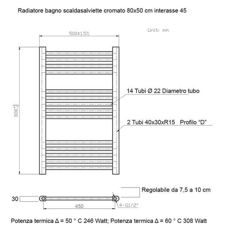 Termoarredo Scaldasalviette Bagno cm 80x50 - Cromato