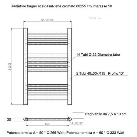 Termoarredo Scaldasalviette Bagno cm 80x55 - Cromato