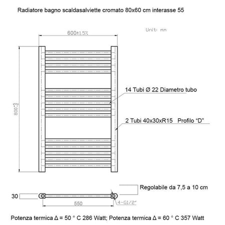 Termoarredo Scaldasalviette Bagno cm 80x60 - Cromato