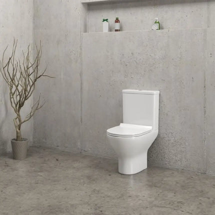 WC monoblocco Karag Amfipolis Round in ceramica bianca installato in un bagno moderno con parete in cemento
