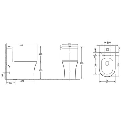 Disegno tecnico WC Karag Amfipolis Round con misure: 37,5 x 65 cm, altezza 83 cm, scarico a parete o a pavimento