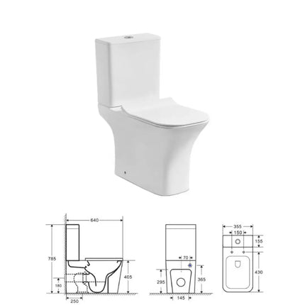 WC Karag Natalia con disegno tecnico e misure: 35,5 x 64 cm, altezza 78,5 cm, scarico a parete o a pavimento