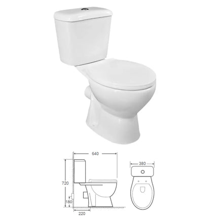 WC Karag Venice con disegno tecnico e misure: larghezza 38 cm, profondità 64 cm, altezza 72 cm, scarico a parete