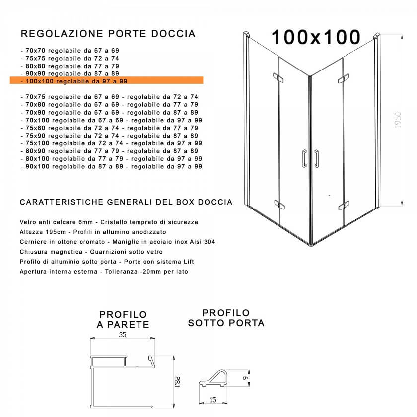 Box Doccia H195cm Doppia Anta a Libro Anticalcare Trasparente 6mm - Shopbagno.it
