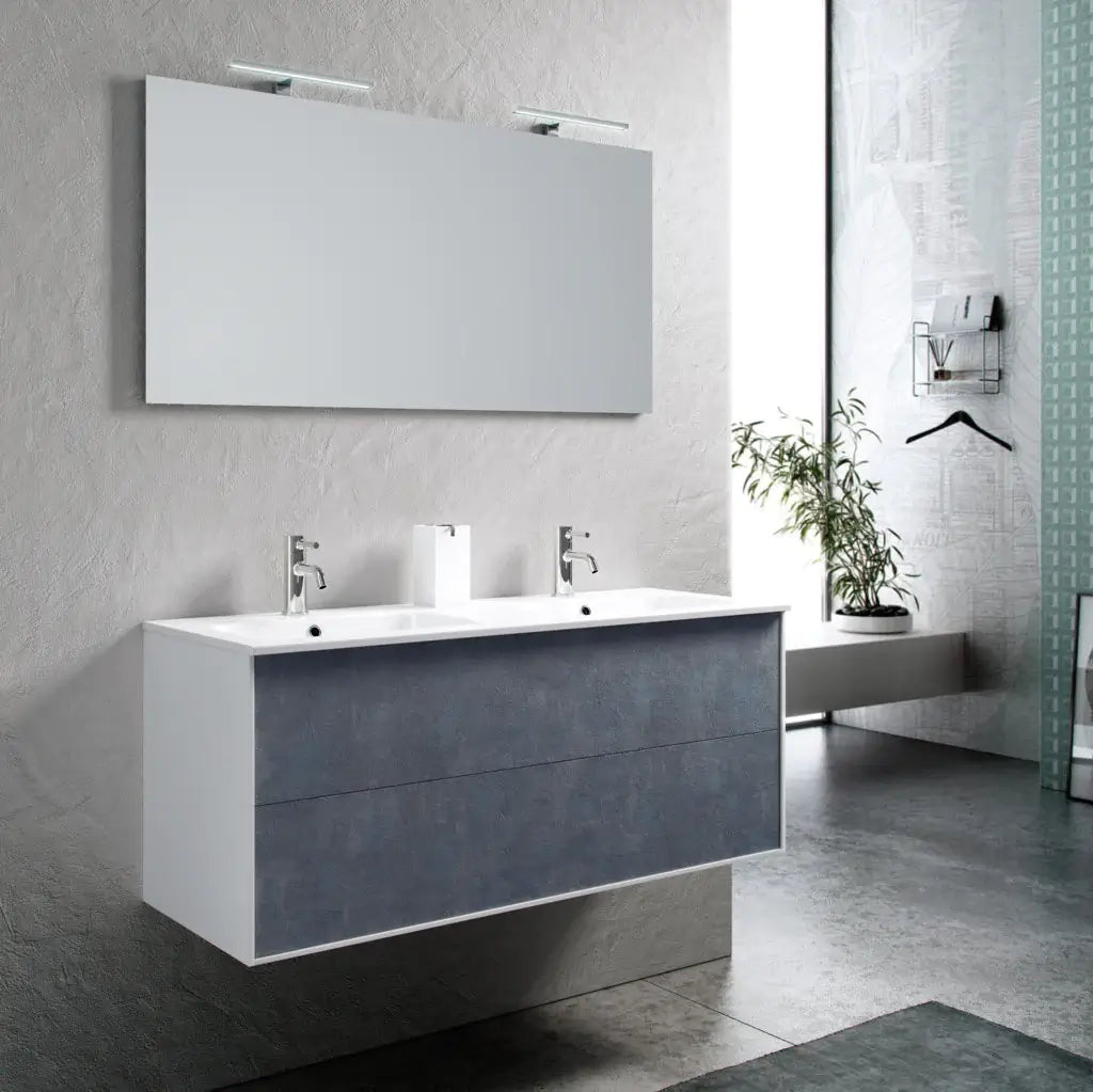 Mobile Bagno 120cm Sospeso Due Cassetti Lavabo Doppia Vasca e Specchio Con Lampada - Shopbagno.it