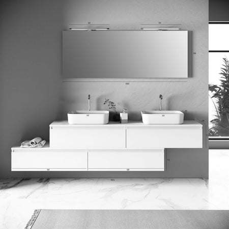 Composizione Mobile Bagno 225cm Sospesa Con Doppio Lavabo, Cassetti E Specchio - Shopbagno.it