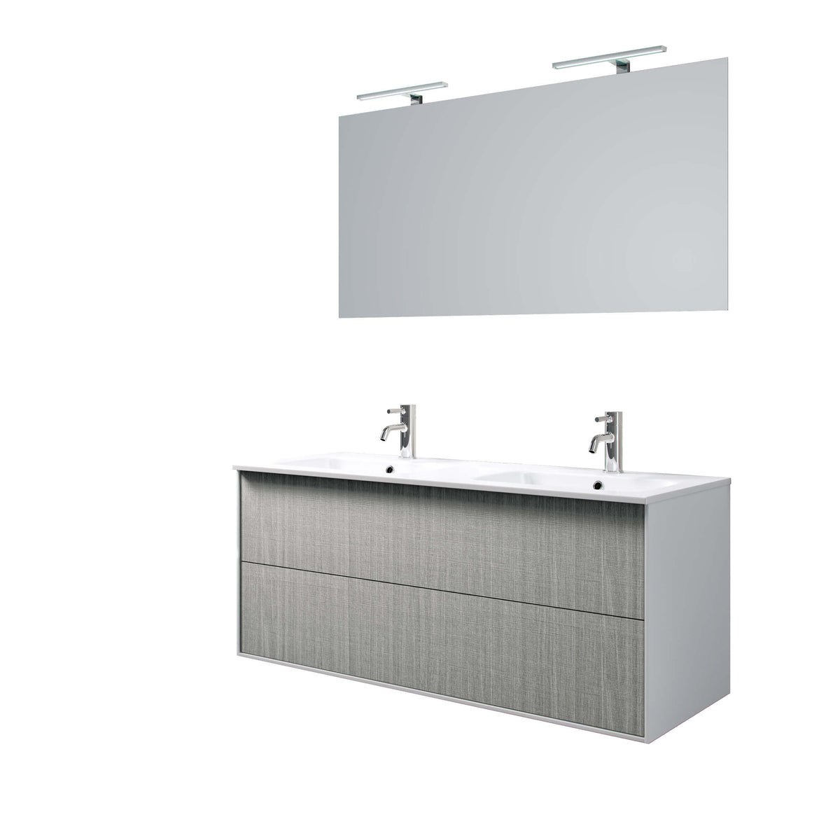 Mobile Bagno 120cm Sospeso Due Cassetti Lavabo Doppia Vasca e Specchio Con Lampada - Shopbagno.it